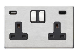 Hamilton Hartland G2 13A 2 Gang Type A/C USB Socket with 2 x USB - 4.8A - Satin Steel/Black  - 7G24SS2USBCSS-B