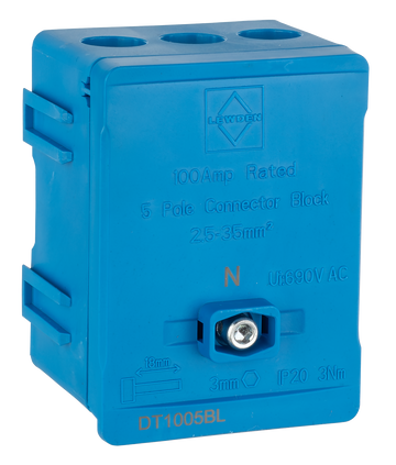 Lewden 100A 5-Way Single Pole Distribution Terminal Block, Blue - DT1005BL