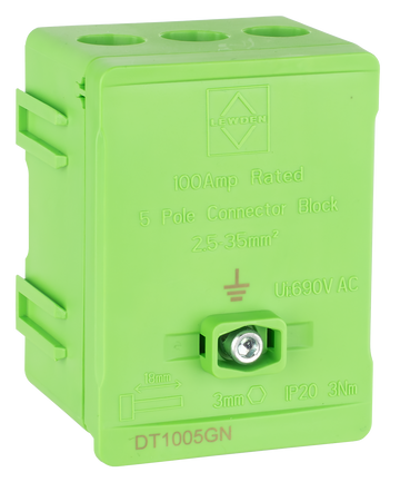 Lewden 100A 5-Way Single Pole Distribution Terminal Block, Green - DT1005GN