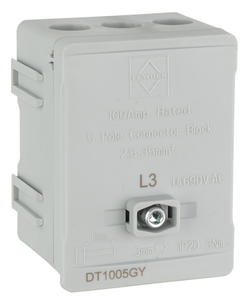 Lewden 100A 5-Way Single Pole Distribution Terminal Block, Grey - DT1005GY