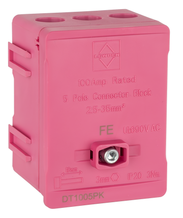 Lewden 100A 5-Way Single Pole Distribution Terminal Block, Pink - DT1005PK