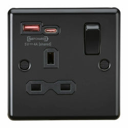 Knightsbridge 13A 1G SP Switched Socket with dual USB Charger A+C [Max. 18W QC/PD FASTCHARGE] - Matt Black - CL9919MBB