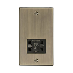 Knightsbridge 115-230V Dual Voltage Shaver Socket with Black Insert - Square Edge Antique Brass - CS89AB