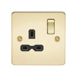 Knightsbridge Flat plate 13A 1G DP switched socket - polished brass with black insert - FPR7000PB