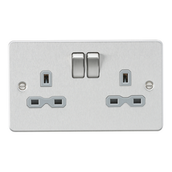 Knightsbridge Flat plate 13A 2G DP switched socket - brushed chrome with grey insert - FPR9000BCG