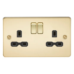 Knightsbridge Flat plate 13A 2G DP switched socket - polished brass with black insert - FPR9000PB