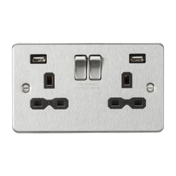 Knightsbridge 13A 2G switched socket with dual USB charger A + A (2.4A) - Brushed chrome with black insert - FPR9224BC