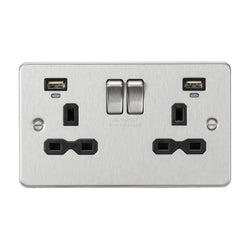 Knightsbridge 13A 2G Switched Socket, Dual USB (2.4A) with LED Charge Indicators - Brushed Chrome w/black insert - FPR9904NBC