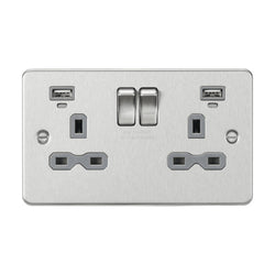 Knightsbridge 13A 2G Switched Socket, Dual USB (2.4A) with LED Charge Indicators - Brushed Chrome w/grey insert - FPR9904NBCG