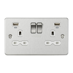 Knightsbridge 13A 2G Switched Socket, Dual USB (2.4A) with LED Charge Indicators - Brushed Chrome w/white insert - FPR9904NBCW