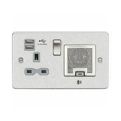 Knightsbridge 13A Switched socket, Dual USB & Bluetooth Speaker Combo - Brushed chrome with grey insert - FPR9905BCG