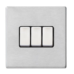 Hamilton Hartland G2 10AX 3 Gang 2 Way Screwless Light Switch - Satin Steel with Black Inserts  - 7G24R23SS-B