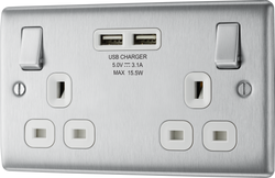 BG Nexus Metal Brushed Steel Double Switched 13A Power Socket With Usb Charging - 2X Usb Sockets (3.1A) - White Insert - NBS22U3