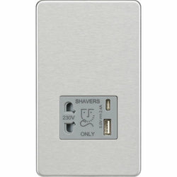 Knightsbridge Shaver socket with dual USB A+C (5V DC 2.4A shared) - brushed chrome with grey insert - SF8909BCG