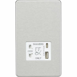 Knightsbridge Shaver socket with dual USB A+C (5V DC 2.4A shared) - brushed chrome with white insert - SF8909BCW