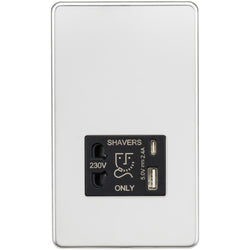 Knightsbridge Shaver socket with dual USB A+C (5V DC 2.4A shared) - polished chrome with black insert - SF8909PC