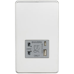 Knightsbridge Shaver socket with dual USB A+C (5V DC 2.4A shared) - polished chrome with grey insert - SF8909PCG