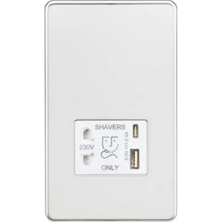 Knightsbridge Shaver socket with dual USB A+C (5V DC 2.4A shared) - polished chrome with white insert - SF8909PCW