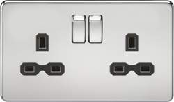 Knightsbridge Screwless 2 Gang Double Socket, Polished Chrome with Black Inserts - SFR9000PC