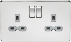 Knightsbridge Screwless 2 Gang Double Socket, Polished Chrome with Grey Inserts - SFR9000PCG