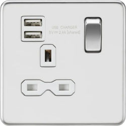 Knightsbridge Screwless 13A 1G switched socket with dual USB charger (2.4A) - polished chrome with white insert - SFR9124PCW