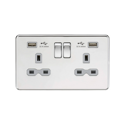 Knightsbridge 13A 2G switched socket with dual USB charger A + A (2.4A) - Polished chrome with grey insert - SFR9224PCG