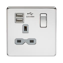 Knightsbridge Screwless 13A 1G switched socket with dual USB charger (2.1A) - polished chrome with grey insert - SFR9901PCG