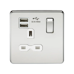 Knightsbridge Screwless 13A 1G switched socket with dual USB charger (2.1A) - polished chrome with white insert - SFR9901PCW