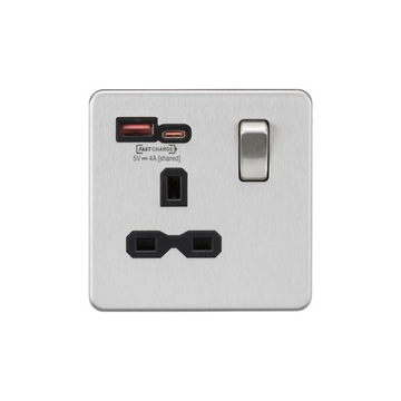 MLA Knightsbridge 13A 1G Switched Socket With Dual USB A+C Brushed Chrome - SFR9919BC