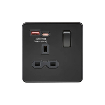 Knightsbridge 13A 1G Switched Socket with dual USB [FASTCHARGE] A+C - Matt Black - SFR9919MBB