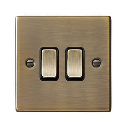 Hamilton Hartland 10A 2 Gang 2 Way Light Switch - Antique Brass with Black Inserts  - 79R22AB-B