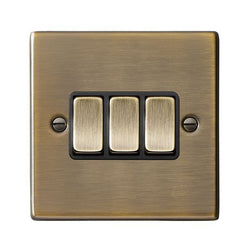 Hamilton Hartland 10A 3 Gang 2 Way Light Switch - Antique Brass with Black Inserts  - 79R23AB-B