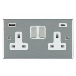 Hamilton Hartland 13A 2 Gang Type A/C USB Socket with 2 x USB - 4.8A - Satin Steel/White Inserts  - 74SS2USBCSS-W