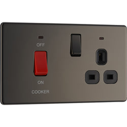 BG Nexus Flatplate Screwless Black Nickel 2 Gang 45A Cooker Switch & 13A Switched Socket With Grey Inserts & Neon - FBN70G