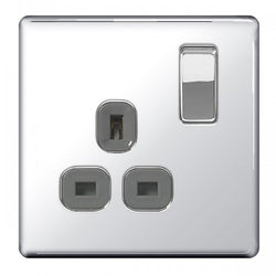 BG Screwless Flatplate Polished Chrome Single Switched 13A Power Socket - Grey Insert - FPC21G