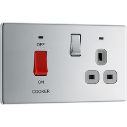 BG Screwless Flatplate Polished Chrome 45A Cooker Control Unit With Switched 13A Power Socket, Includes Power Indicators - Grey