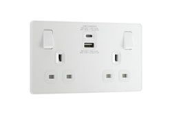 BG Evolve Pearl White Double Switched 13A Power Socket + USB C 30W + USB A (2.1A) - PCDCL22UAC30W