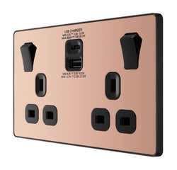 BG Evolve Polished Copper Double Switched 13A Power Socket + USB C 30W + USB A (2.1A) - PCDCP22UAC30B