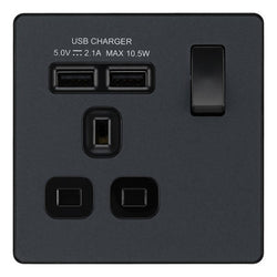 BG Evolve Matt Grey Single Switched 13A Power Socket + 2 X USB (2.1A) - PCDMG21U2B